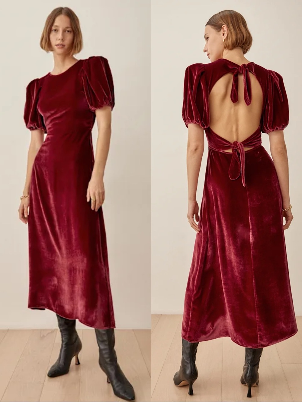 NWT Reformation Livia Red Velvet Puff Sleeve Open Back Midi Dress 8